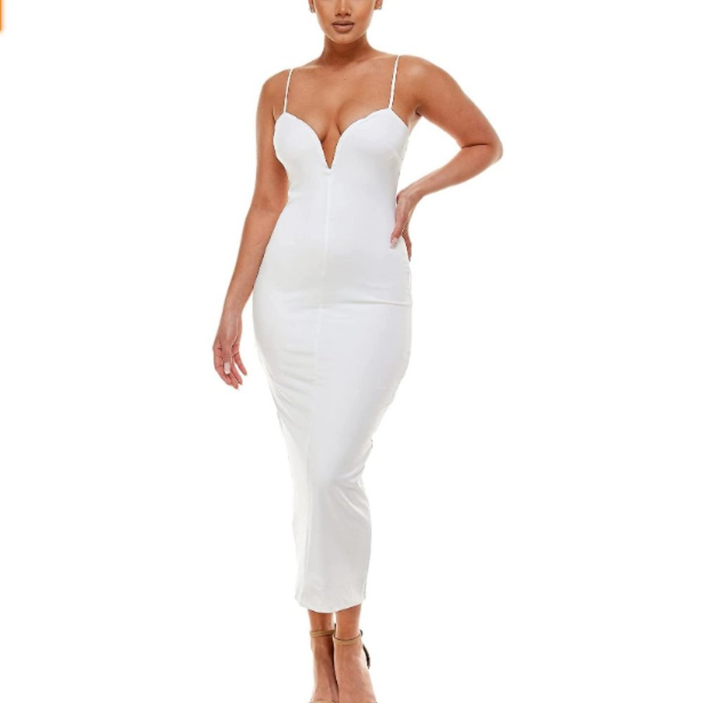 BEBE White Plunge Neck Bodycon Dress